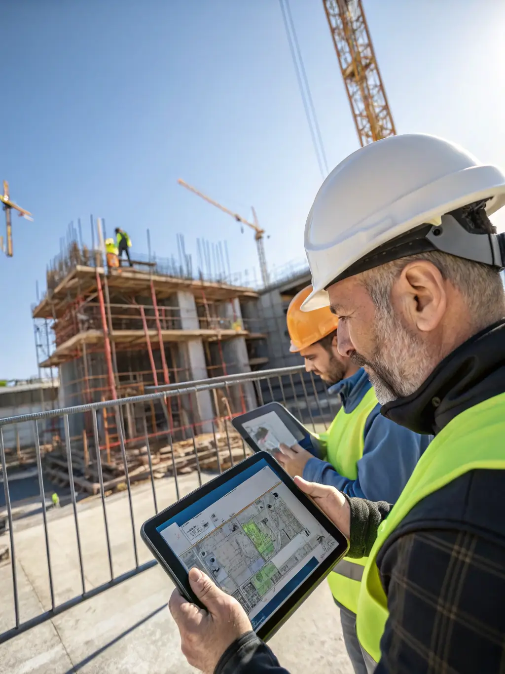 A construction site with workers using tablets to access and update BIM data, illustrating AMERICA BIM's support for construction management.