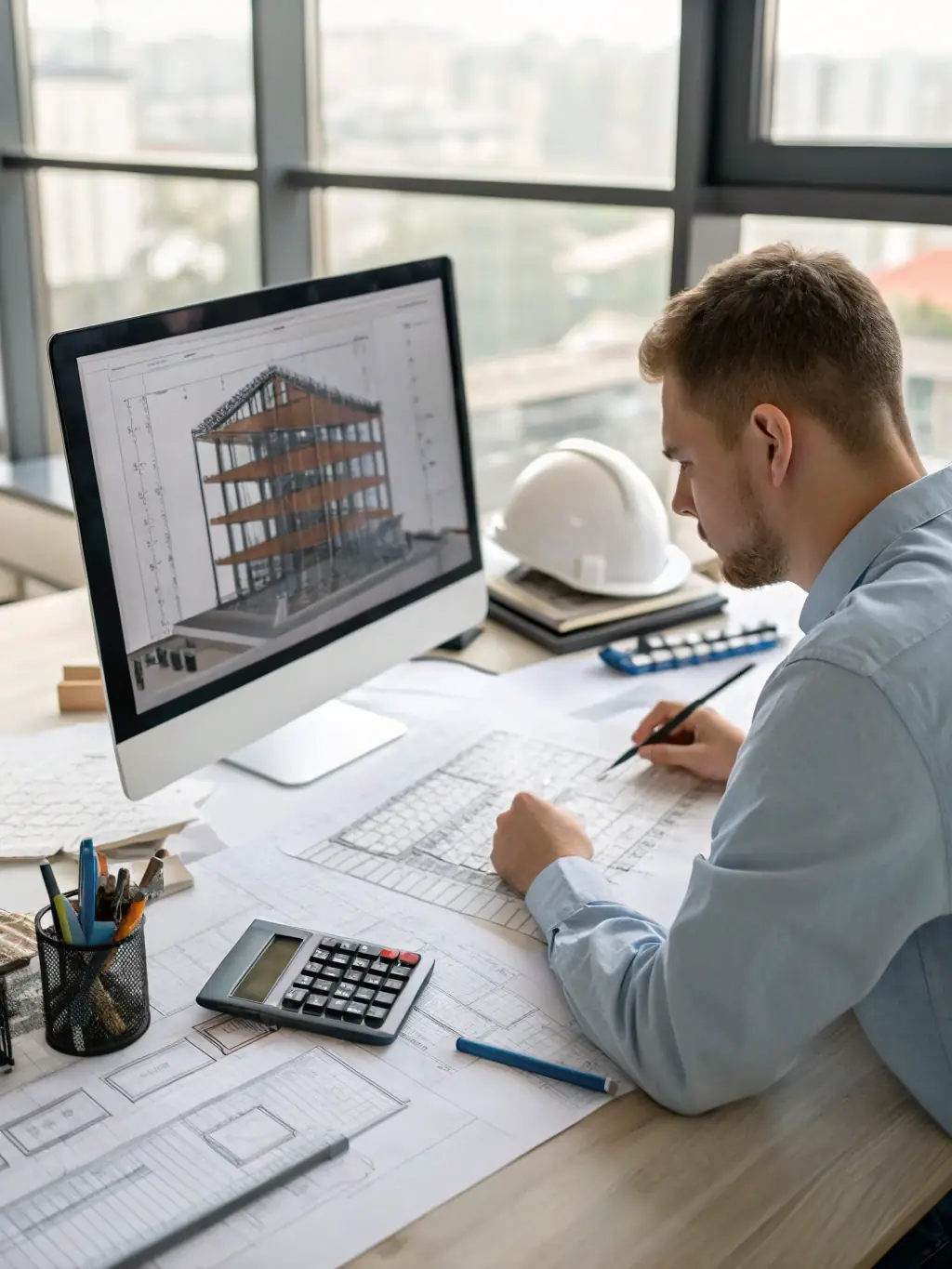 A structural engineer reviewing a BIM model on a computer screen, showcasing AMERICA BIM's expertise in structural analysis and design.